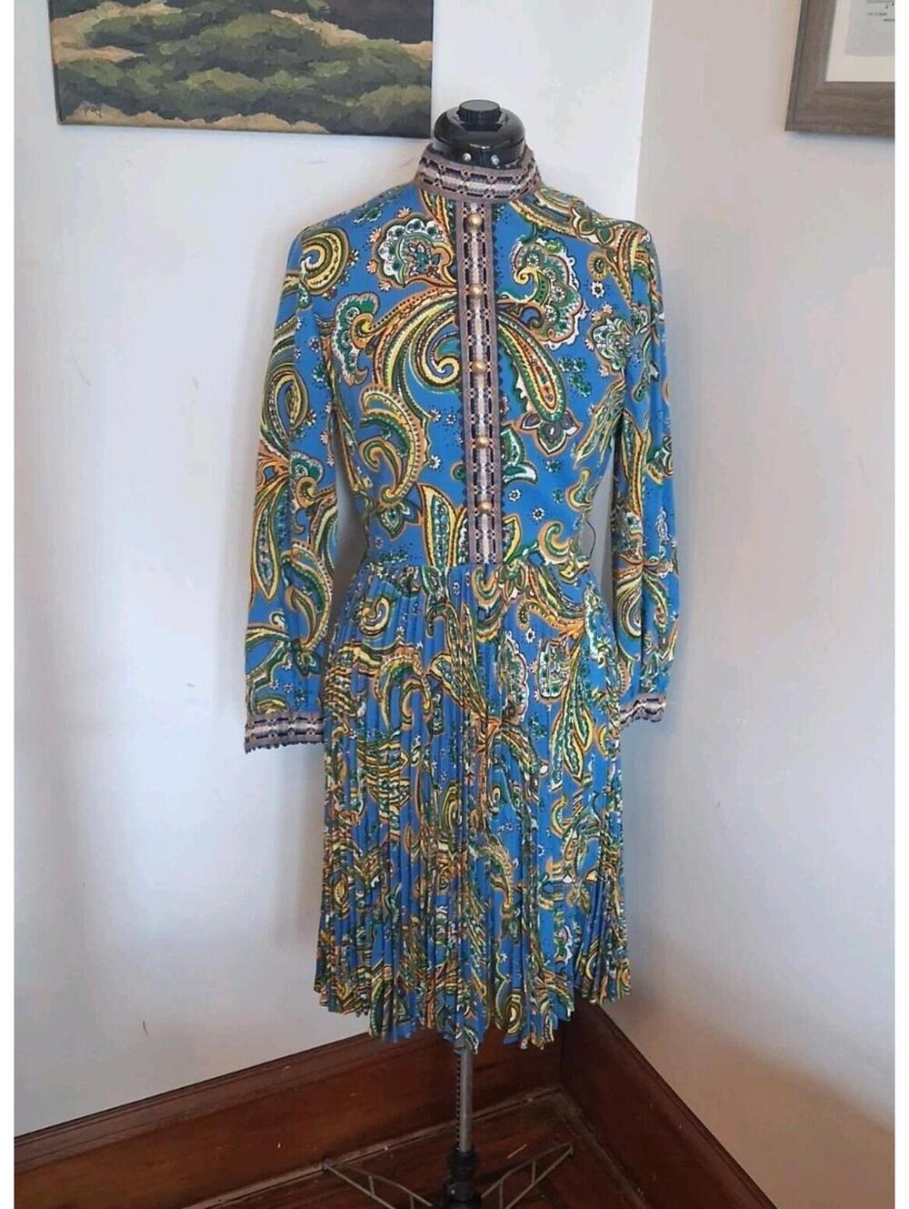 Vintage Dress 60s 70s R&k Originals Blue Long Sleeve Pleated Retro Sz M Paisley